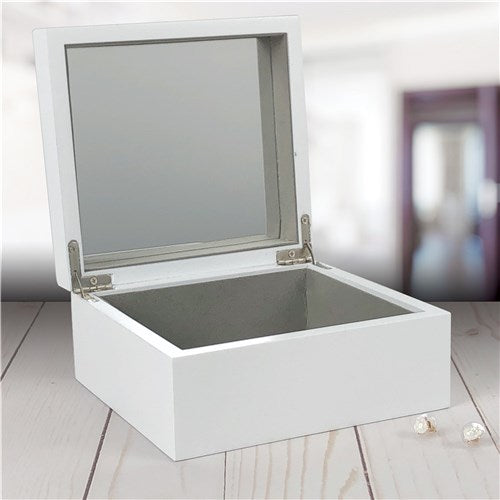 Inside view showing mirror and storage compartments of personalized jewelry box