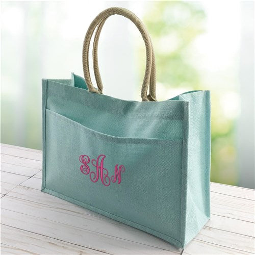 Aruba blue jute bag with custom monogram, magnetic snap, and pocket