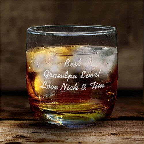 Whiskey glass engraved with name in Sport font for personalized barware