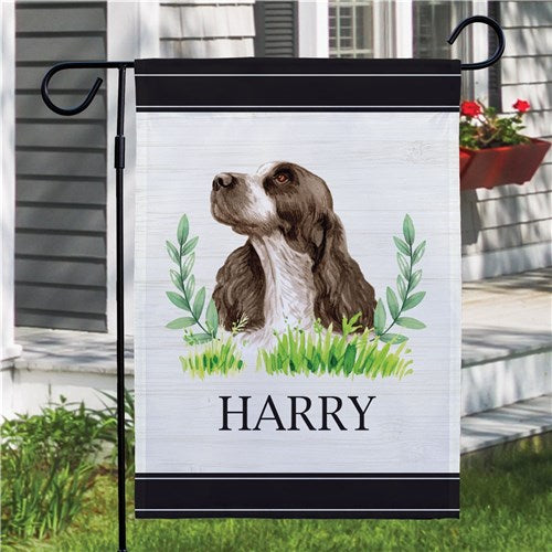 Custom pet flag featuring dog breed illustration and partial leafy wreath