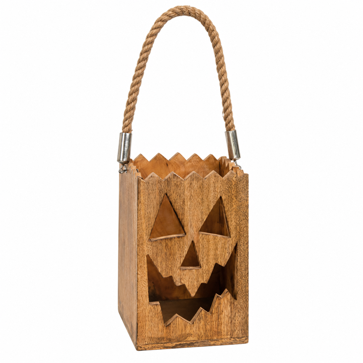 A small wooden jack-o'-lantern Halloween bucket bag with a rope handle and silver metal connectors, shown on a plain white background.