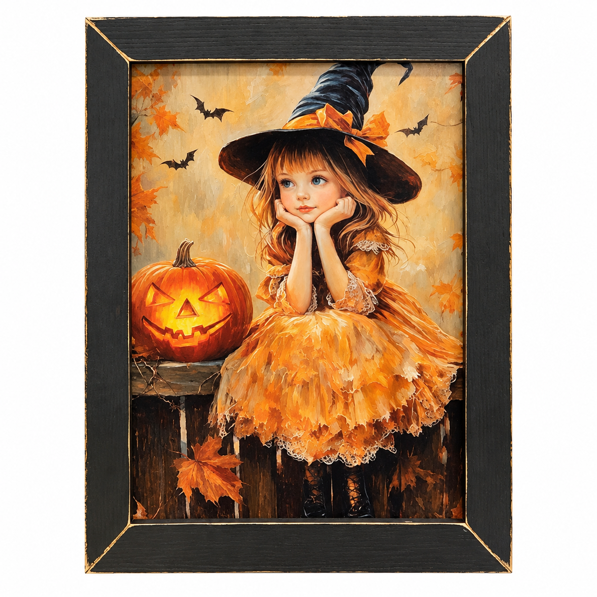 A framed art print featuring a whimsical painting of a young girl dressed as a witch, sitting next to a glowing jack-o'-lantern pumpkin. The artwork is styled in warm autumn tones with orange, brown, and yellow hues, and is presented in a black frame with gold trim against a plain white background.