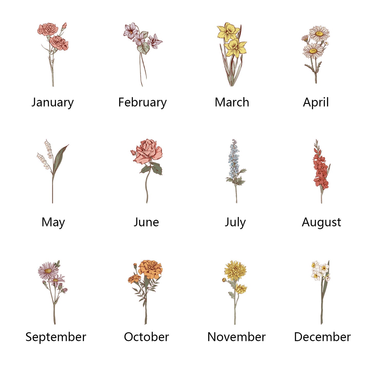 A graphic showcasing the twelve available birth flowers, each representing a different month, highlighting the floral designs that can be customized on the vase.