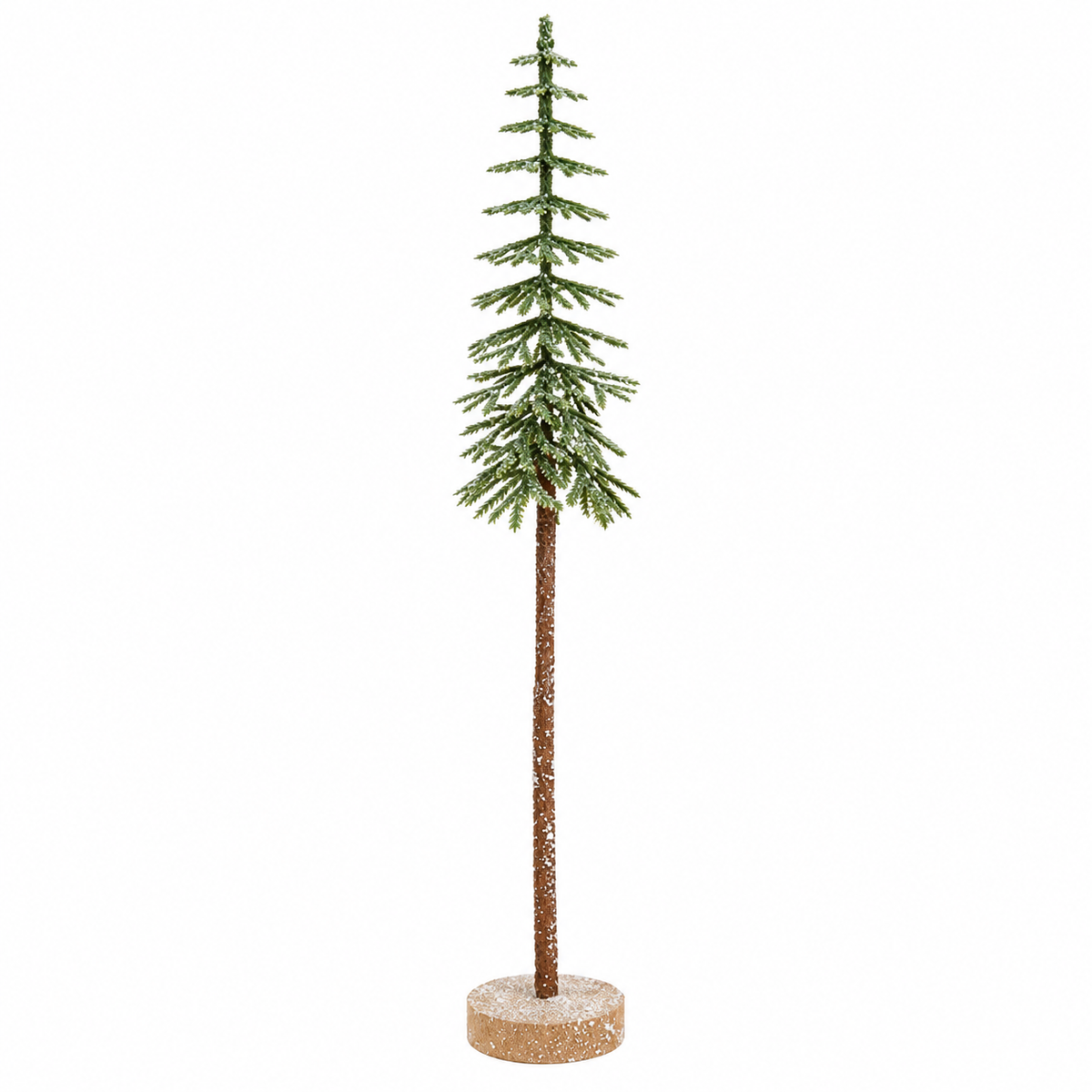 A tall artificial Christmas tree with green needles and a brown trunk, mounted on a round glittery base against a plain white background.