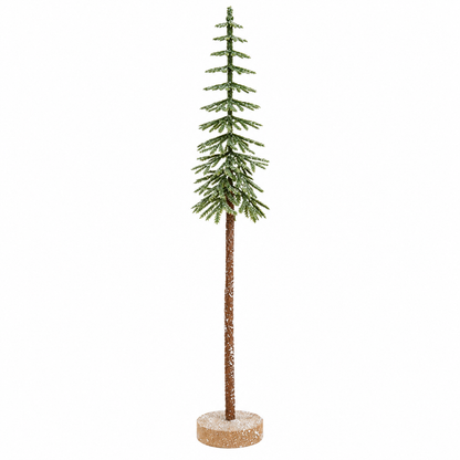 A tall artificial Christmas tree with green needles and a brown trunk, mounted on a round glittery base against a plain white background.