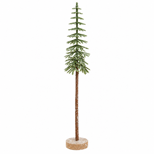 A tall artificial Christmas tree with green needles and a brown trunk, mounted on a round glittery base against a plain white background.
