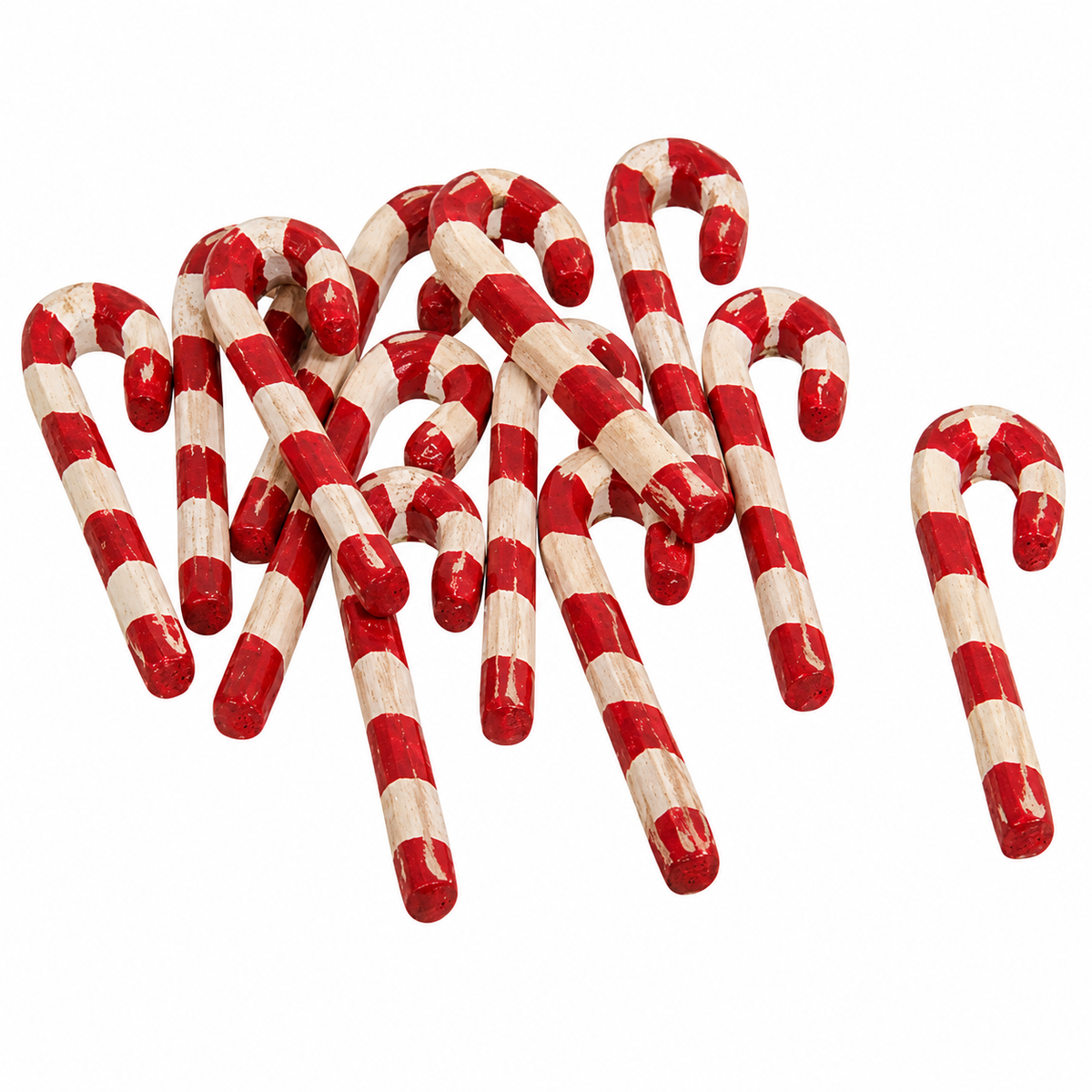 A group of wooden candy cane-shaped ornaments with red and cream painted stripes, displayed on a clean white background.
