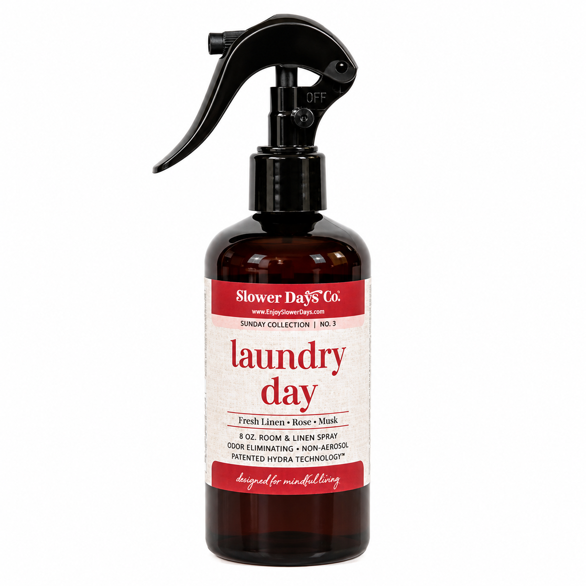 Laundry Day Room & Linen Spray with fresh linen, rose, and musk fragrance in a dark Slower Days Sunday collection bottle.