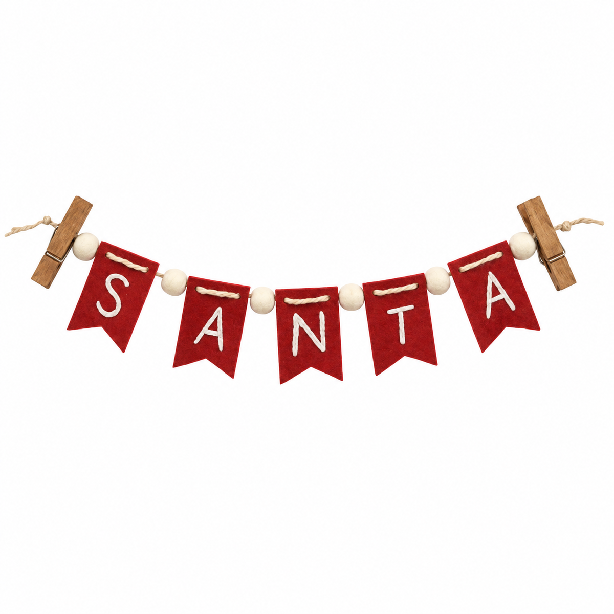 A festive 'SANTA' banner garland made of red felt pennants with white lettering, hanging between two wooden clothespins with white wooden beads in between, on a solid white background.
