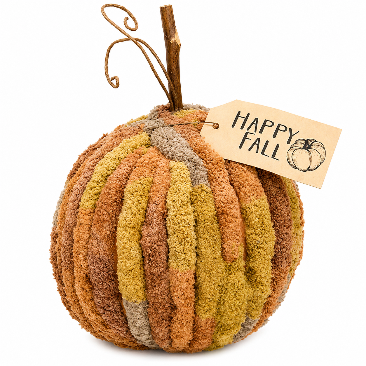 A decorative autumn pumpkin decoration made from textured vertical strips in orange, mustard yellow, tan, and brown, with a wooden stem and a hanging tag that reads “Happy Fall.”.