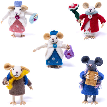 Handmade felt mice family set, Fair Trade wool collectibles, eco-friendly felt animal figurines handcrafted in Nepal.