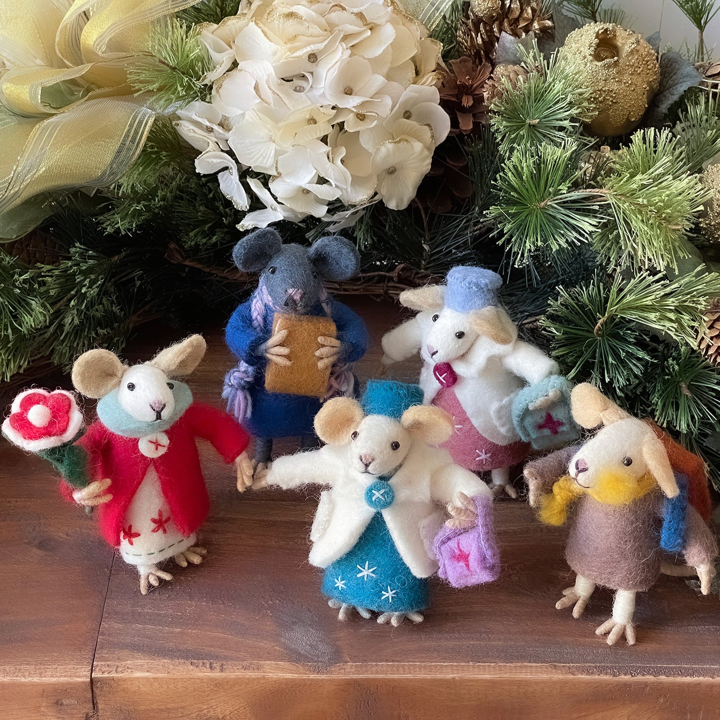 Whimsical felt mice set, artisan-crafted wool felt animals, unique handmade Christmas decorations and nursery decor.