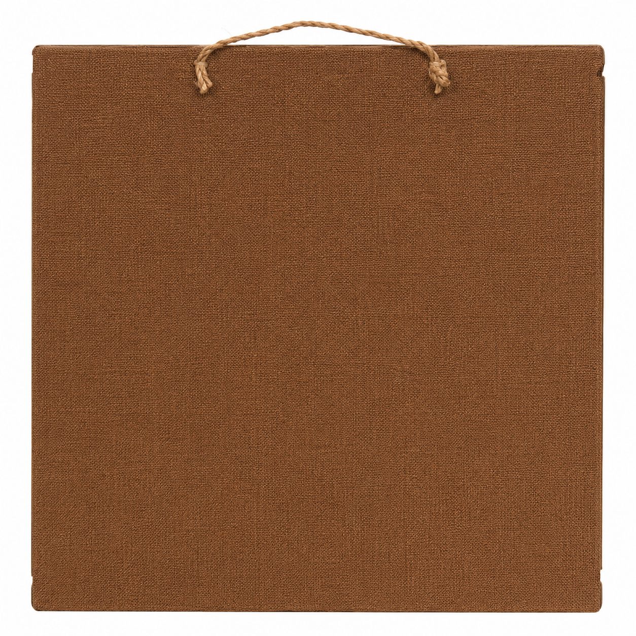 A square brown woven fabric hanging panel with a natural jute rope handle at the top, shown against a plain white background.