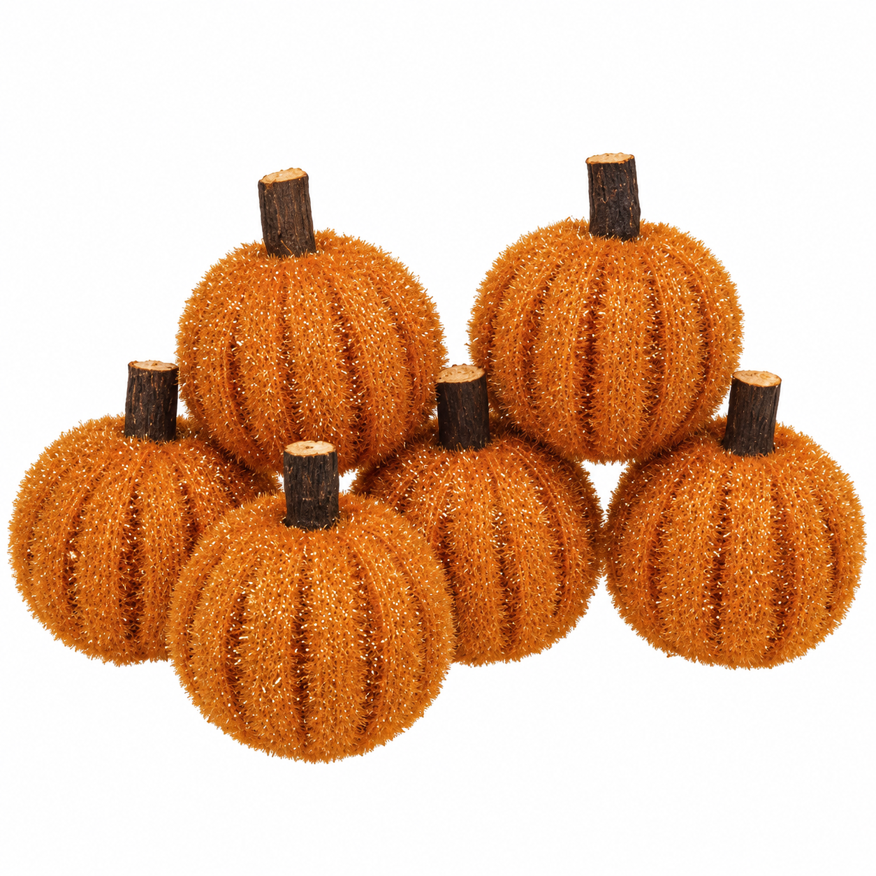 Six orange glittery pumpkins with dark brown faux-wood stems, arranged together on a plain white background.