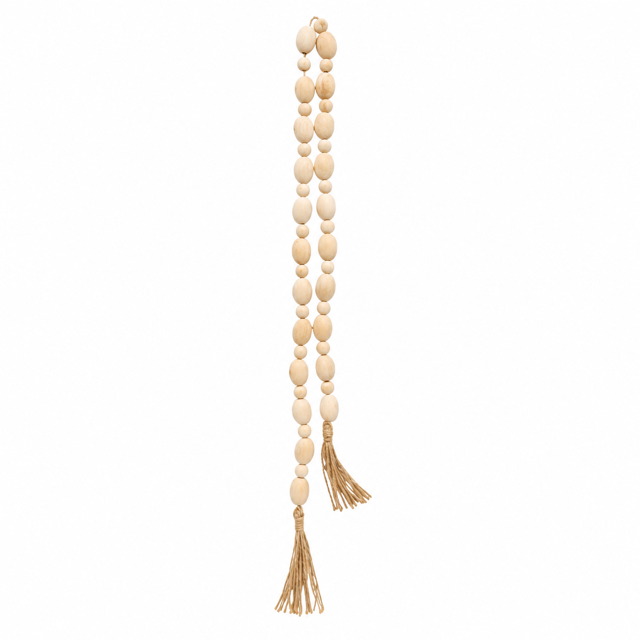 A long strand of natural wood beads with two matching braided tassels, shown vertically against a plain white background.