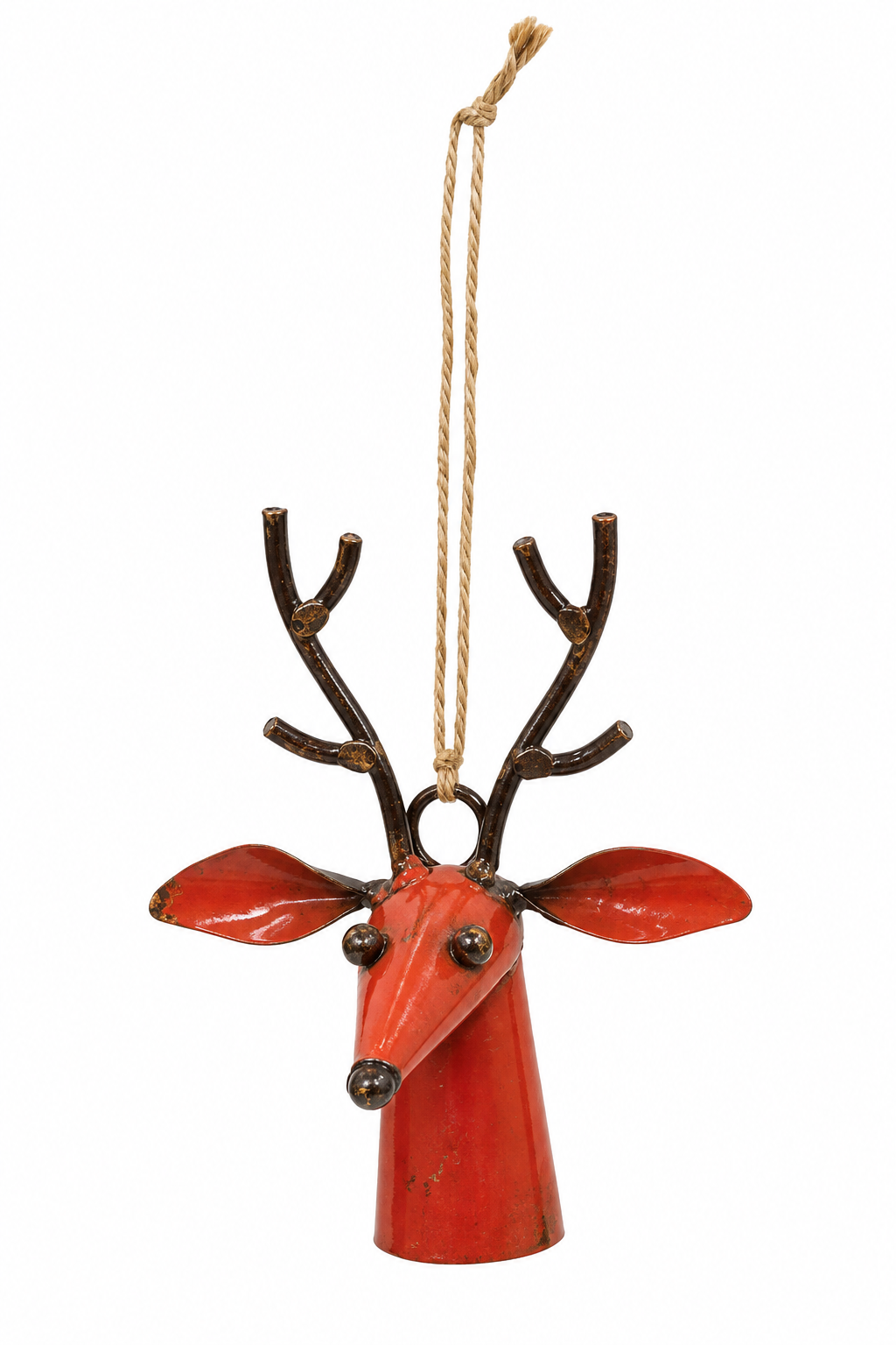 A decorative hanging ornament shaped like a reindeer head, with a glossy red body, dark brown antlers, and a natural tan hanging string against a plain white background.