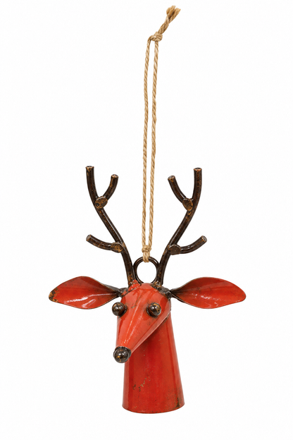 A decorative hanging ornament shaped like a reindeer head, with a glossy red body, dark brown antlers, and a natural tan hanging string against a plain white background.