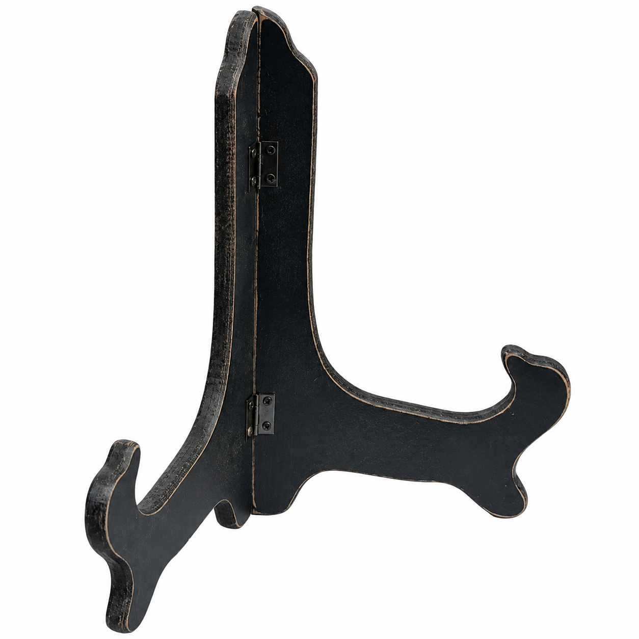 A rustic black wooden wall hook shaped like a stylized letter L, shown from a three-quarter angle on a plain white background.