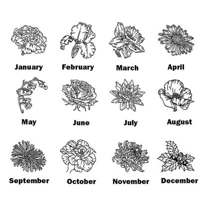 A graphic showing each birth flower corresponding to the months of the year, January, February, March, April, May, June, July, August, September, October, November, December