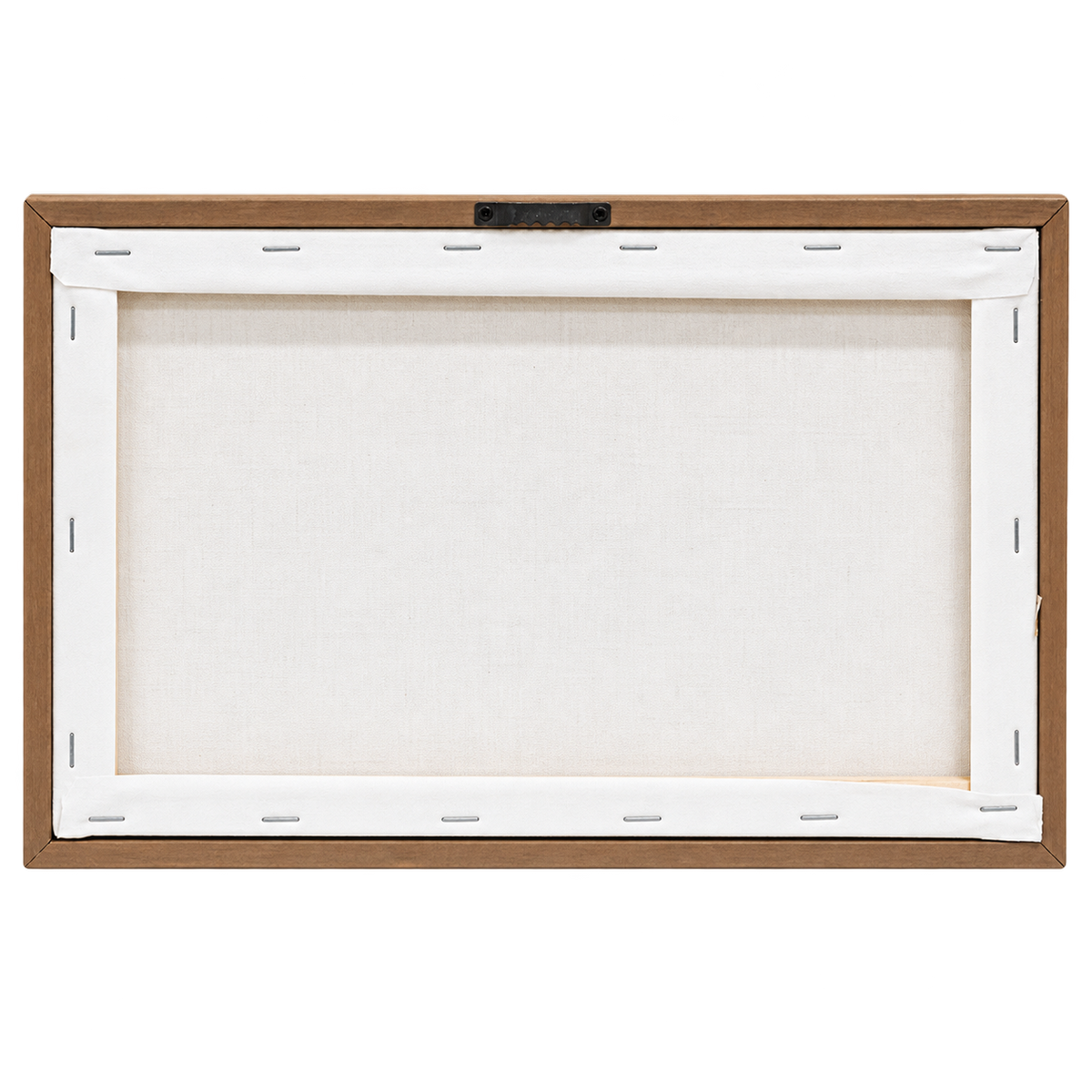 The back view of a square canvas print in a wooden frame, showing the off-white canvas fabric stretched on a frame with white tape along the border.