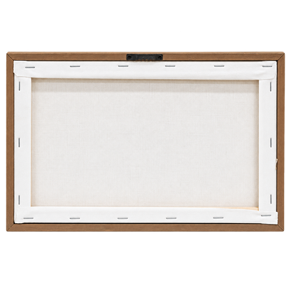 The back view of a square canvas print in a wooden frame, showing the off-white canvas fabric stretched on a frame with white tape along the border.