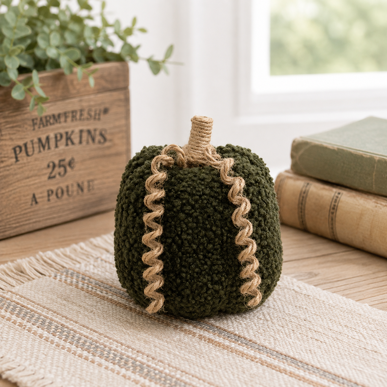 A dark green sherpa pumpkin decoration with a twisted jute stem and wavy jute trim, displayed on a woven runner in a cozy indoor setting with books and a plant in the background.