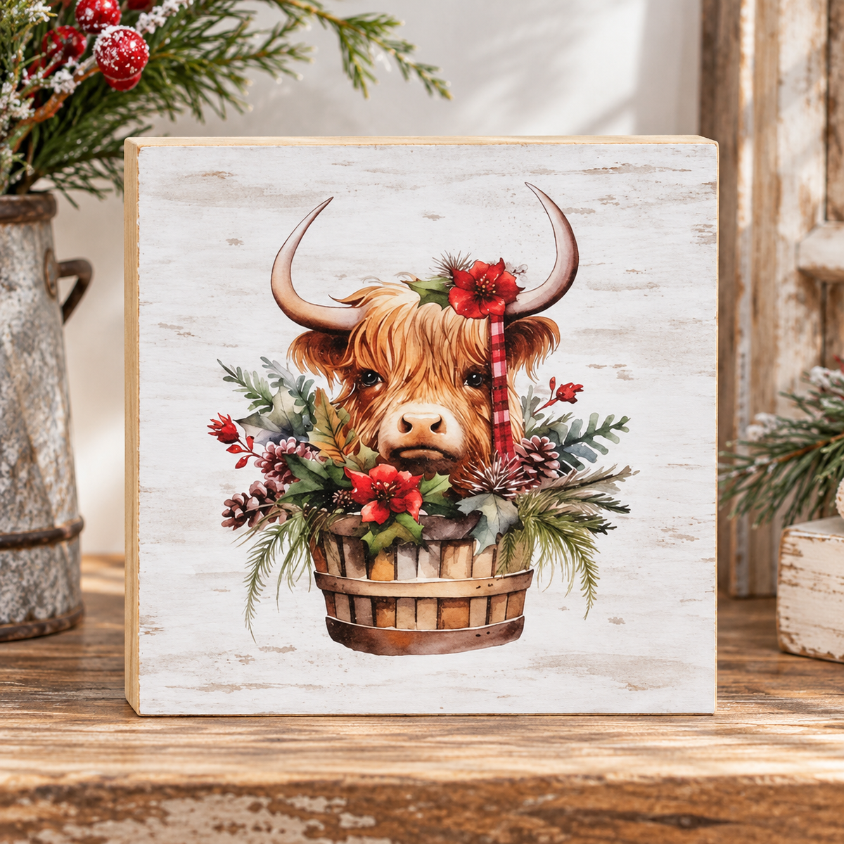 A square decorative wooden block sign featuring a painted Highland cow in a rustic wooden basket with red flowers and green foliage, displayed on a wooden surface with holiday decor in the background.