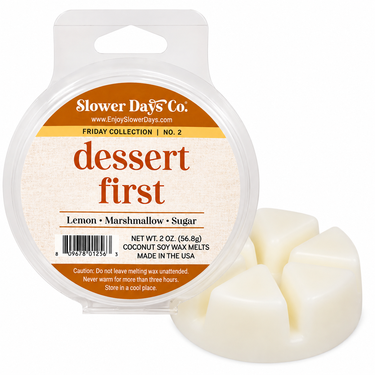 A round plastic tub of Slower Days Co. 'dessert first' lemon marshmallow sugar wax melts, shown next to three scored off-white wax melts on a white background.