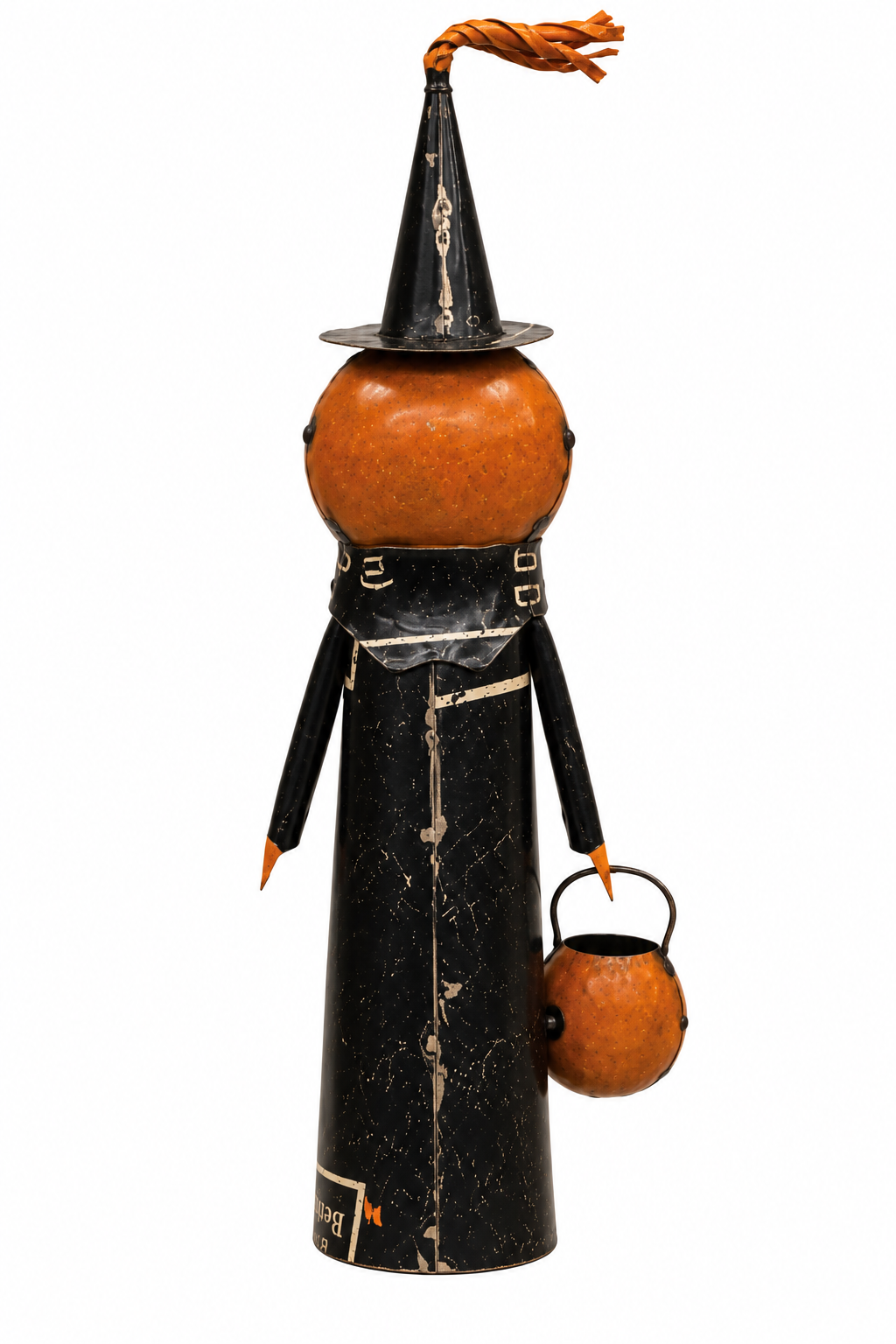 A rustic Halloween decorative figure made from a gourd and black metal, styled like a witch with a pointed hat, long coat, and a small pumpkin bucket, isolated on a white background.