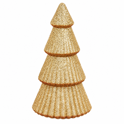 A tiered, cone-shaped decorative tree ornament covered in textured gold glitter, isolated on a solid white background.