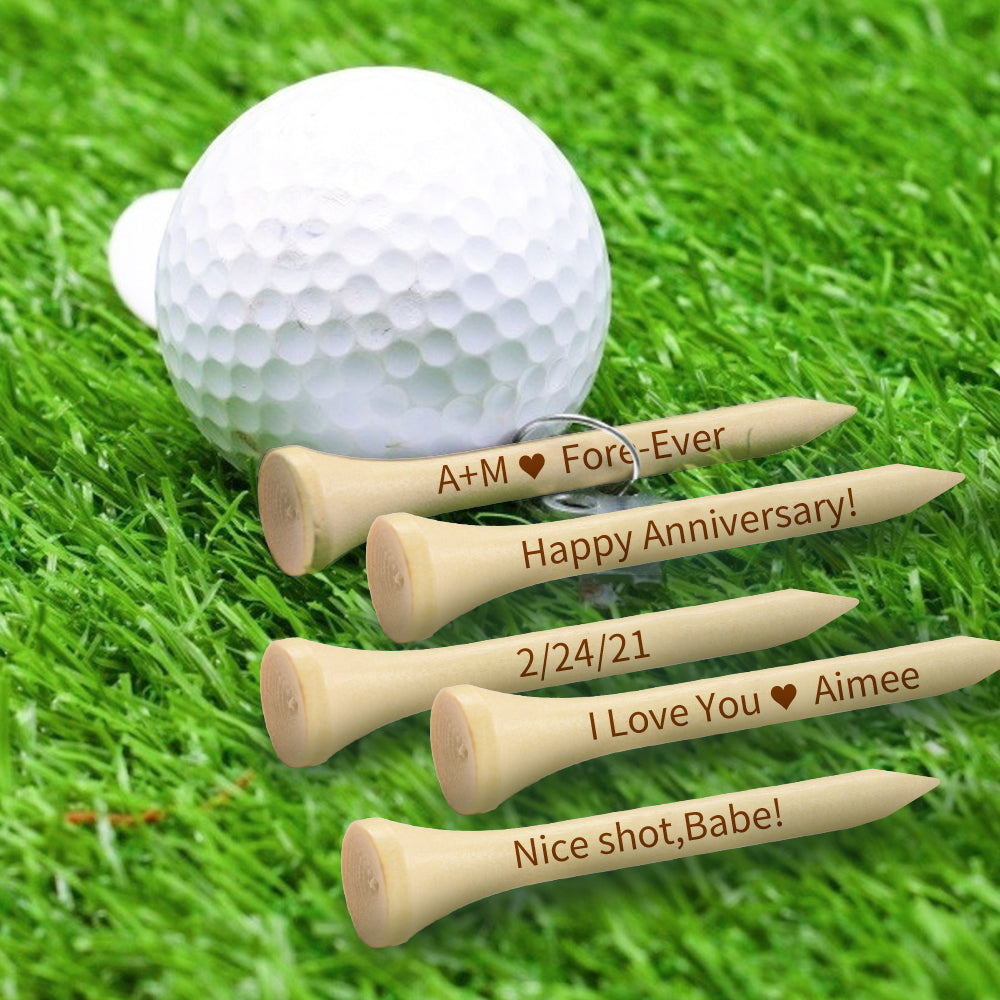 Personalized engraved bamboo golf tees set featuring custom name or message, perfect for golfers and tournament gifts