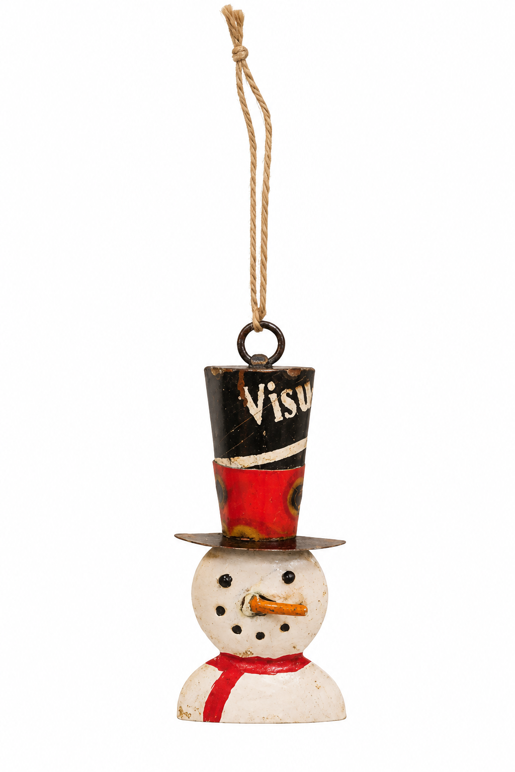A vintage-style snowman hanging ornament made from a painted tin can, with a black and red hat, white body, and a natural jute hanging string against a plain white background.