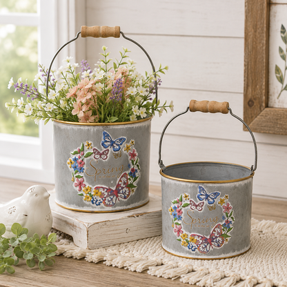 Set of two galvanized spring metal buckets with embossed butterflies and flowers, gold rims, wooden handle grips, and Spring is in the Air lettering.