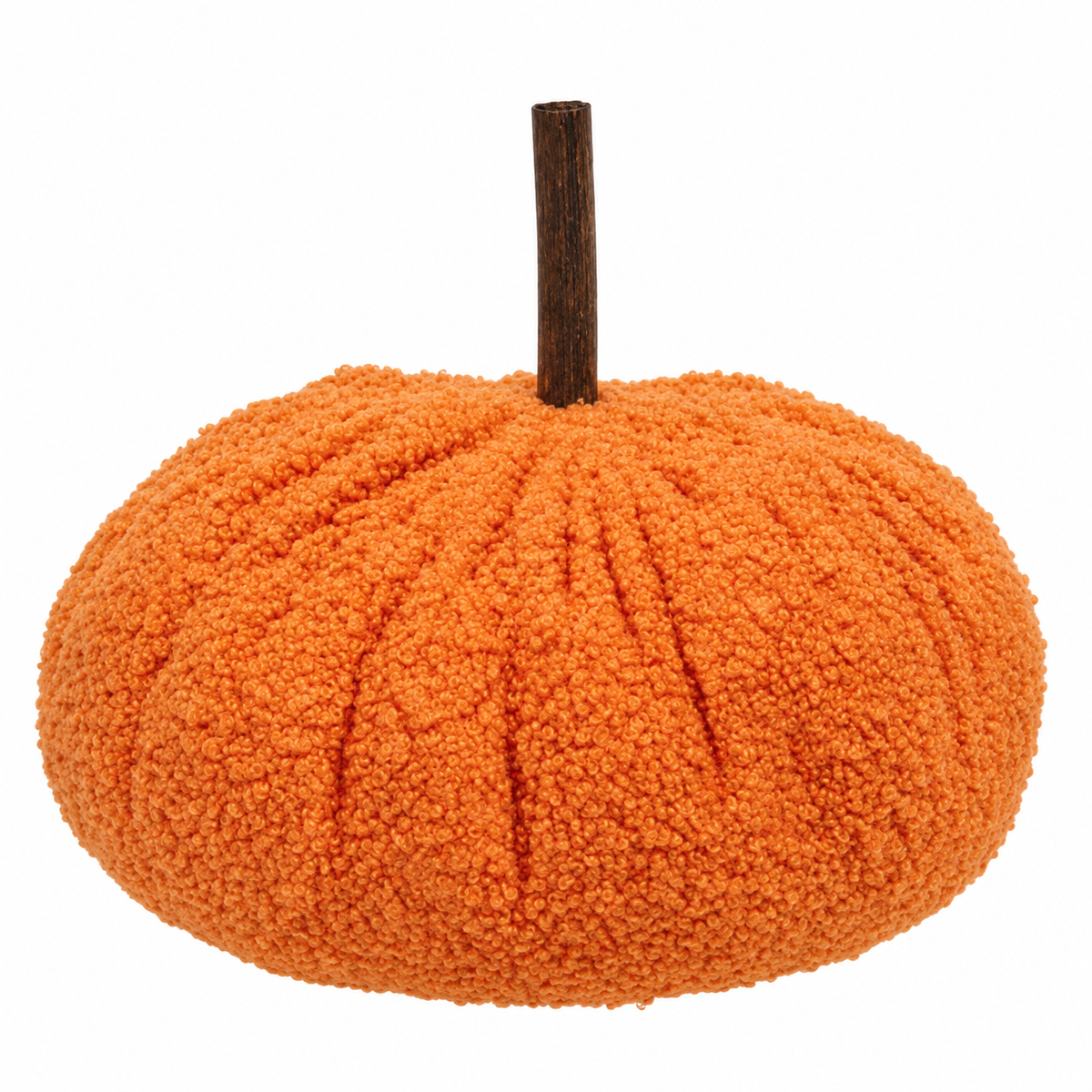 An orange textured faux-fur pumpkin decoration with a short dark brown stem, shown on a plain white background.