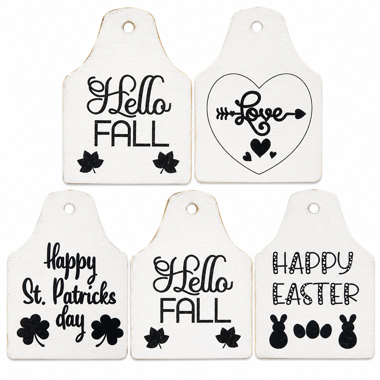 Wooden interchangeable ear tags for farmhouse welcome sign featuring Hello Fall, Love, Happy St. Patrick's Day, and Happy Easter designs