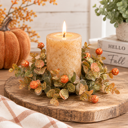 A lit beige pillar candle in a rustic round wooden tray, surrounded by glittery green eucalyptus leaves and orange berries, styled with a fall pumpkin and books in the background.