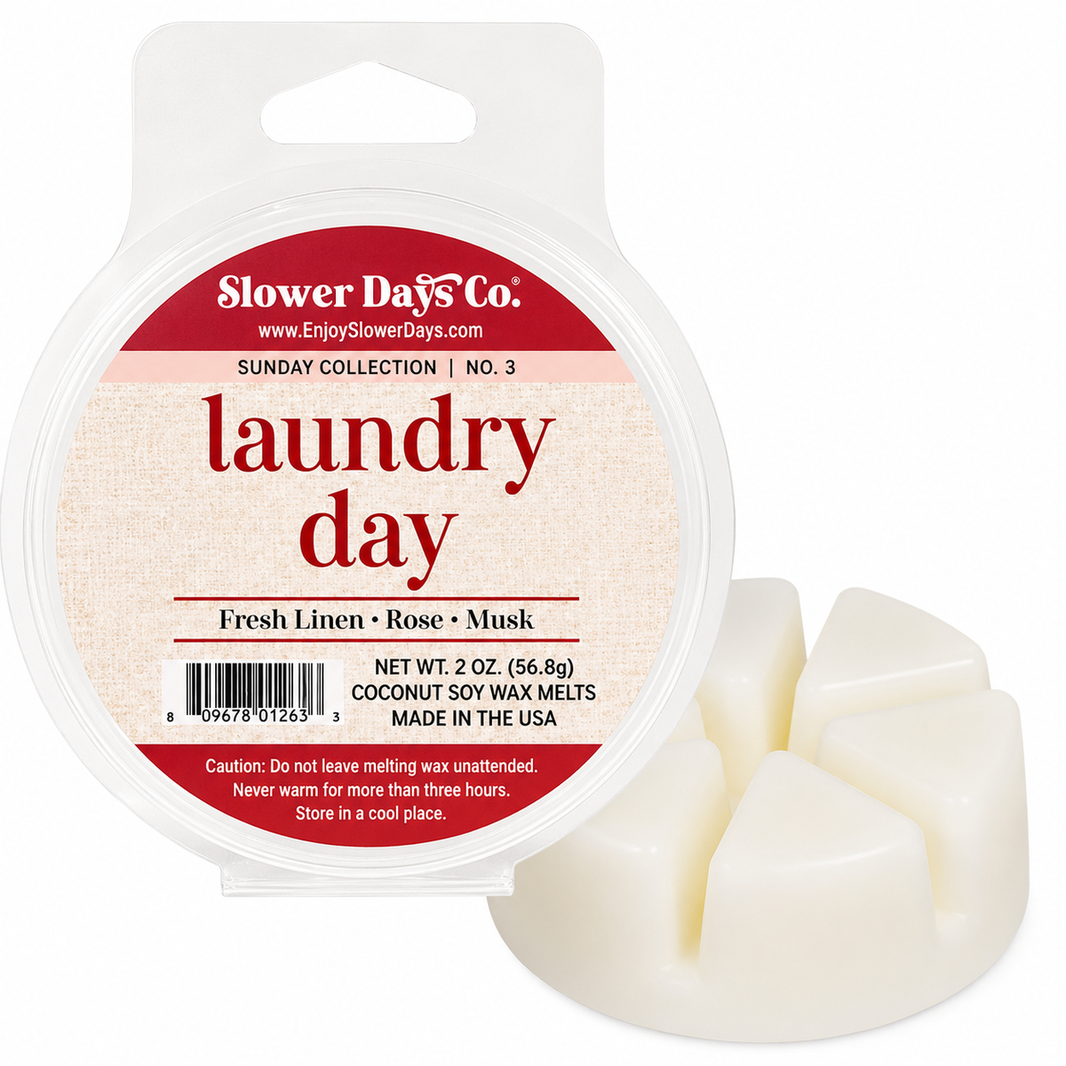 Slower Days Co. 'laundry day' coconut soy wax melts in a clear plastic round container with a white hanger tab, shown next to three off-white wax melts on a white background.