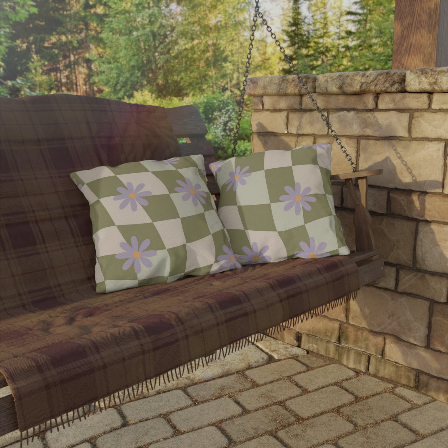 Garden seating pillow featuring colorful floral patterns and weather-resistant material