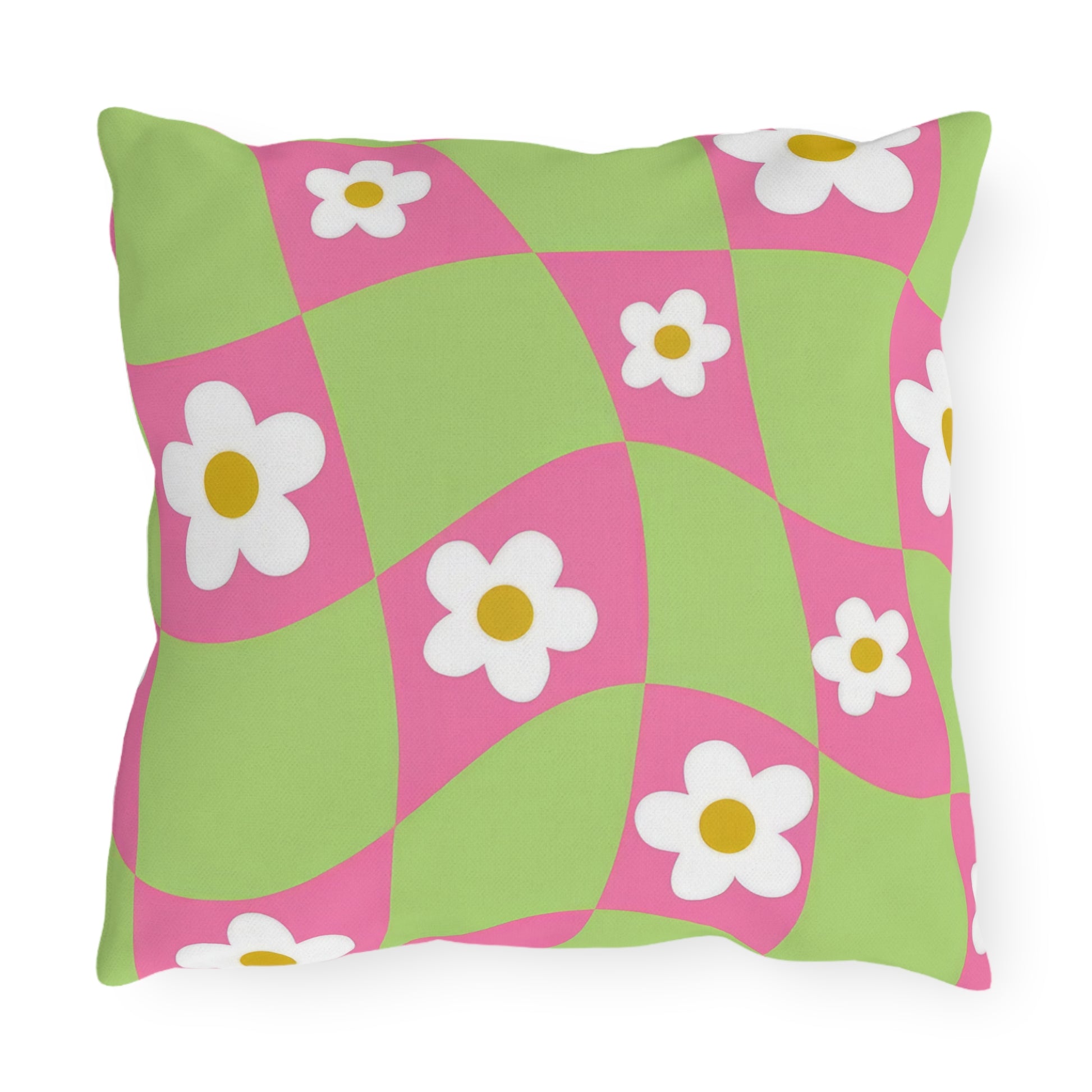 Square garden pillow featuring pastel floral print on spun polyester fabric