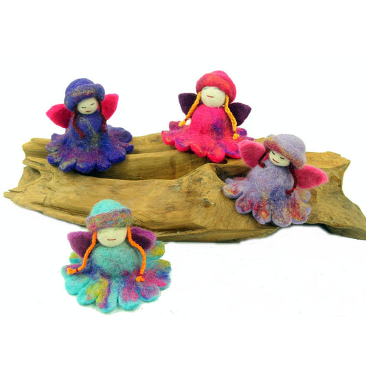 Hand-felted flower fairies in a set of four, each with vibrant colors and unique designs