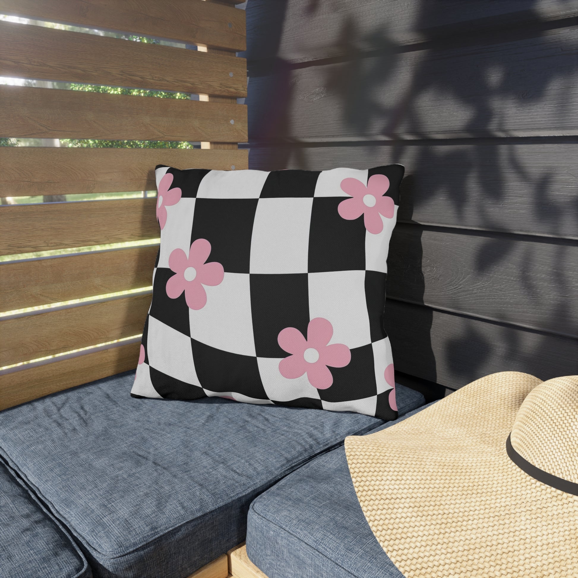 Polyester outdoor pillow with double-sided floral check design for backyard decor