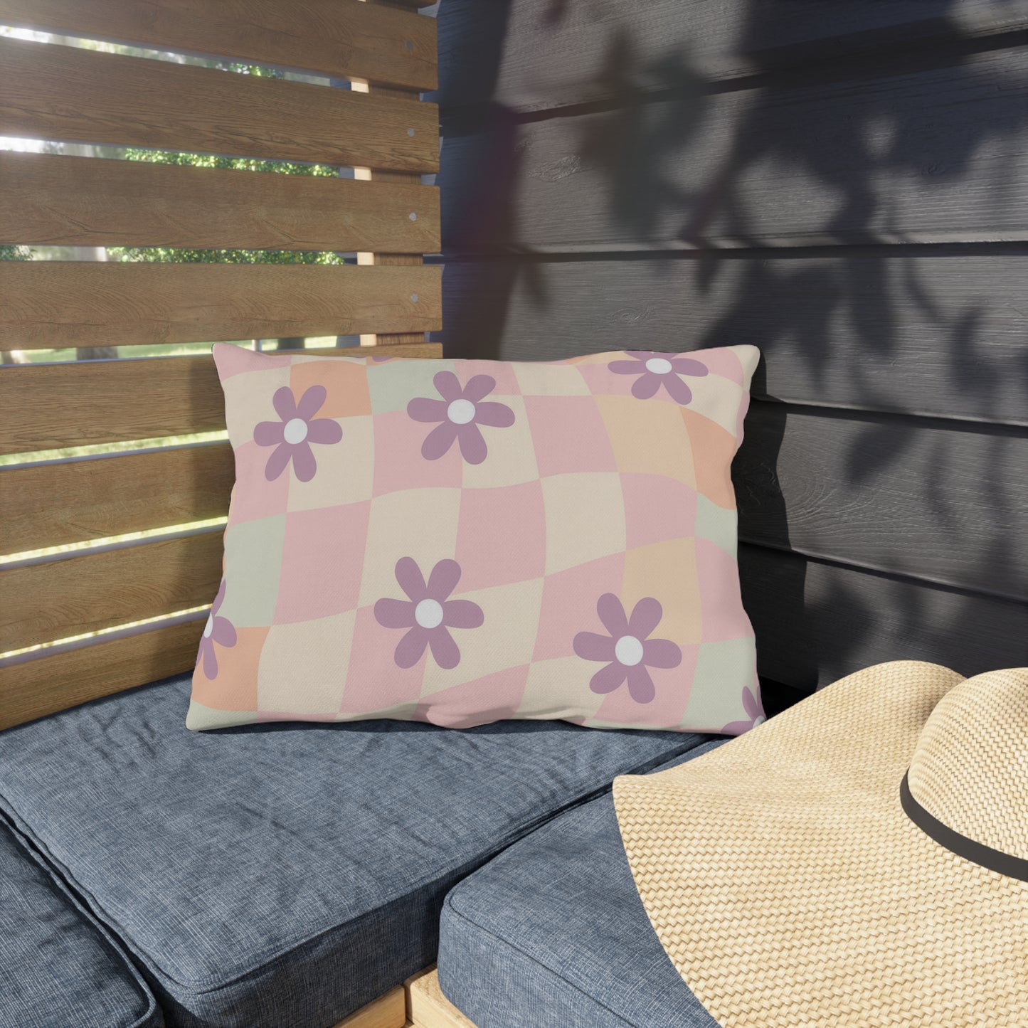 Pastel floral outdoor pillow with vibrant garden design for patios and porches