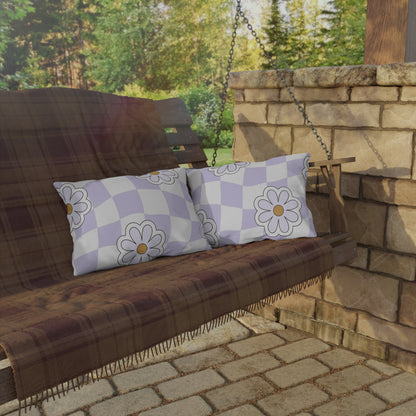 Close-up of floral print on lavender checkered pillow designed for outdoor use