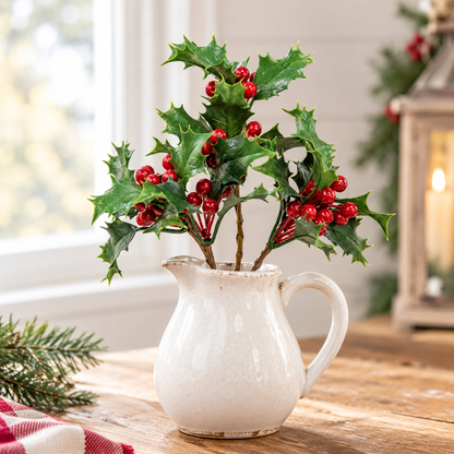 Nostalgic Holly & Berries Pick arranged in a cream farmhouse-style ceramic pitcher on a rustic wood tabletop. The 9-inch decorative pick features three branching brown stems filled with glossy, pointed green holly leaves and clusters of bright red berries. Soft natural daylight from a nearby window highlights the realistic leaf texture and rich Christmas colors, while blurred evergreen accents, a red-and-cream plaid textile, and a softly glowing lantern create a warm holiday farmhouse setting in the backgro