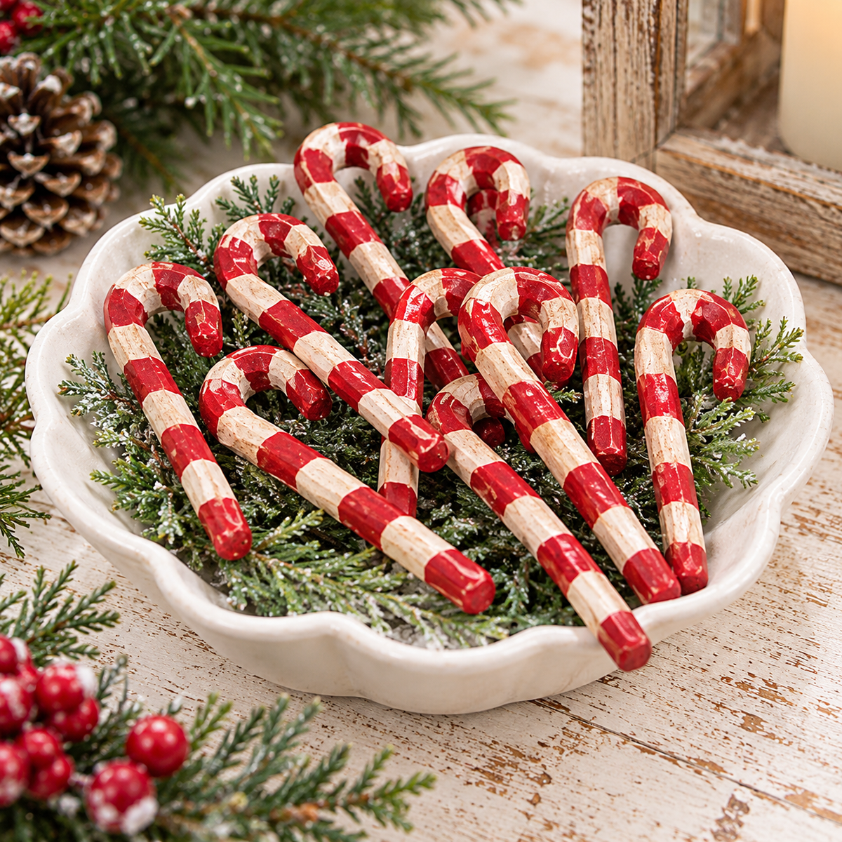 A white ceramic bowl filled with red-and-cream striped candy canes arranged on green pine branches, with holiday decor including pinecones and red berries around it on a rustic wooden surface.