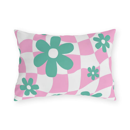 Vibrant floral outdoor lumbar pillow designed for adding comfort and charm to garden seating areas