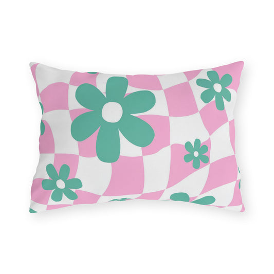 Vibrant floral outdoor lumbar pillow designed for adding comfort and charm to garden seating areas