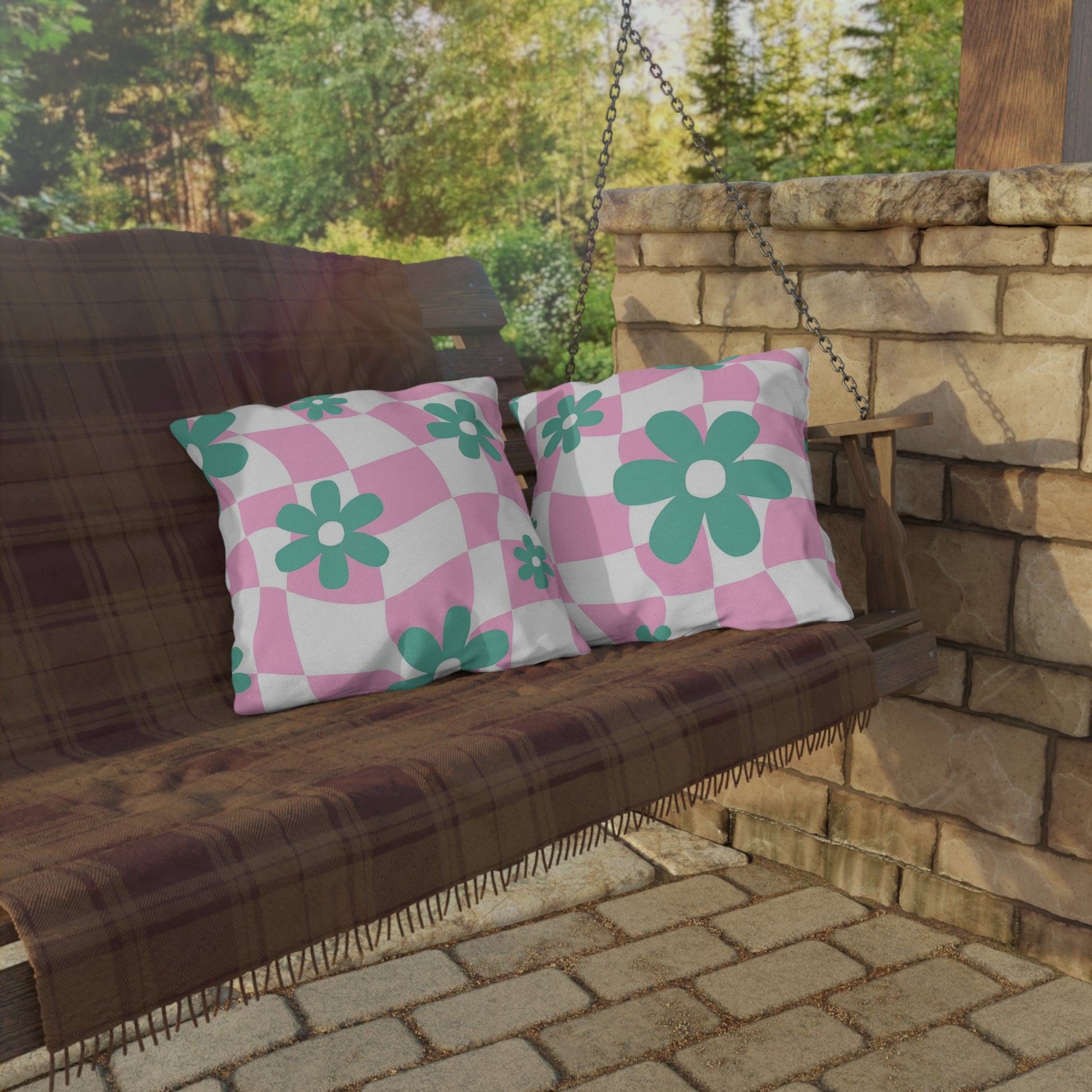 Floral patio pillow showcasing double-sided printing for versatile outdoor use.
