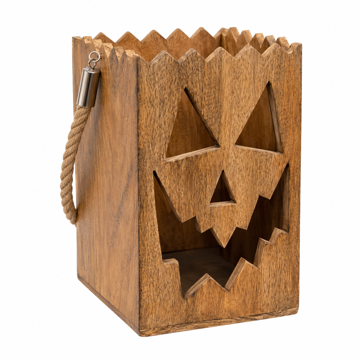 A wooden jack-o'-lantern Halloween lantern with a carved face, a serrated top edge, and a hanging rope handle with a silver metal cap, shown on a plain white background.