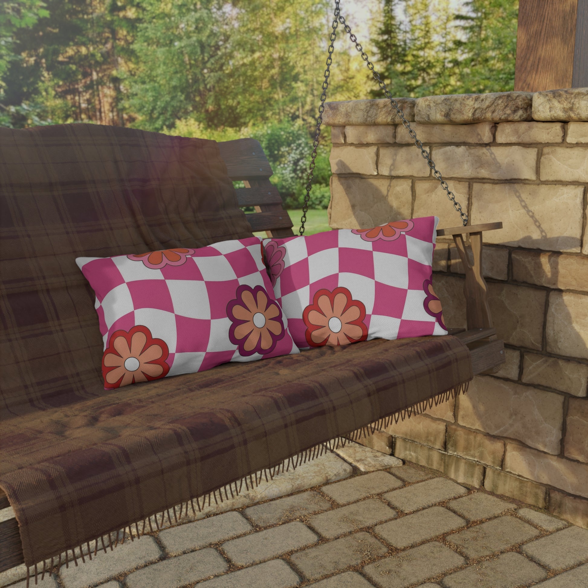 UV-resistant outdoor pillow adding color and comfort to backyard lounges and poolside spaces